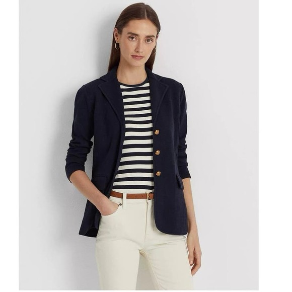 BLACK LABEL LAUREN RALPH LAUREN NAVY BLUE KNIT BLAZER PREPPY OLD MONEY STRETCH - Picture 3 of 12